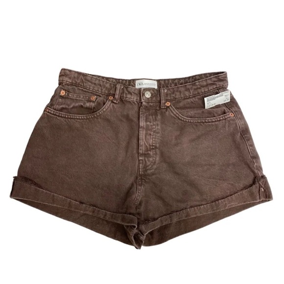 Zara Brown Rolled Cuff Denim Shorts - Picture 1 of 6